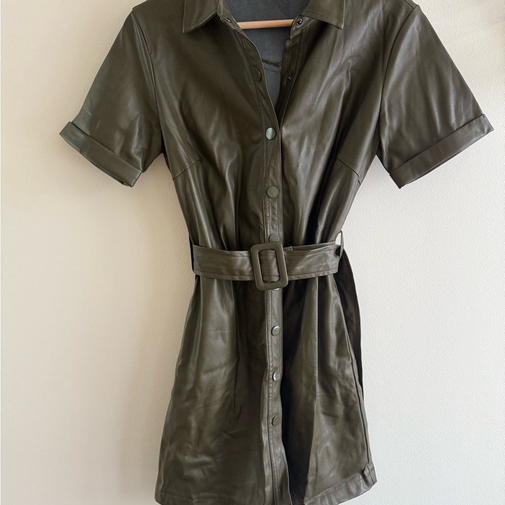 Lucy Paris Olive Faux Leather Mini Dress with Belt